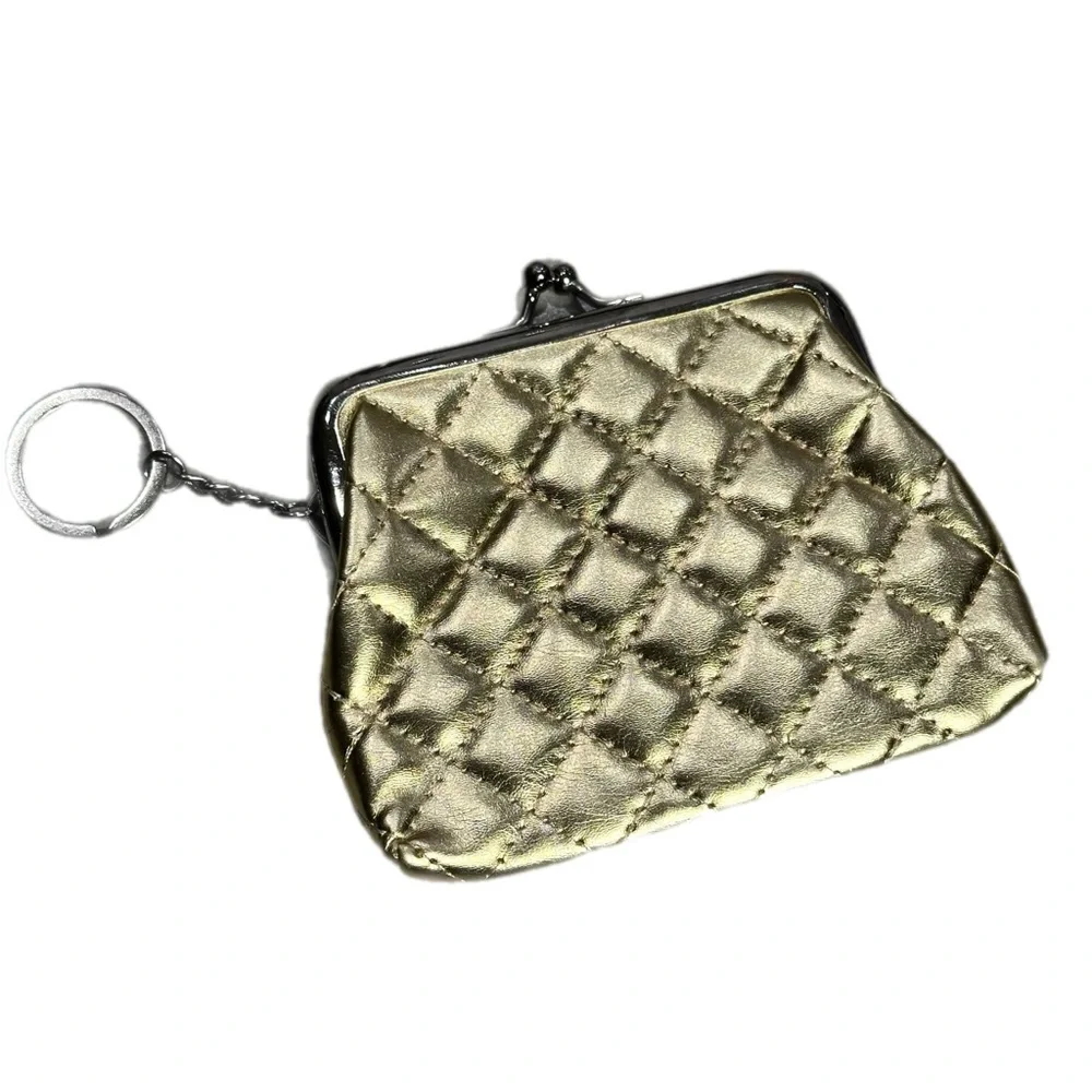 Vintage Quilted Gold Metallic Kiss-Lock Coin Purse Keychain